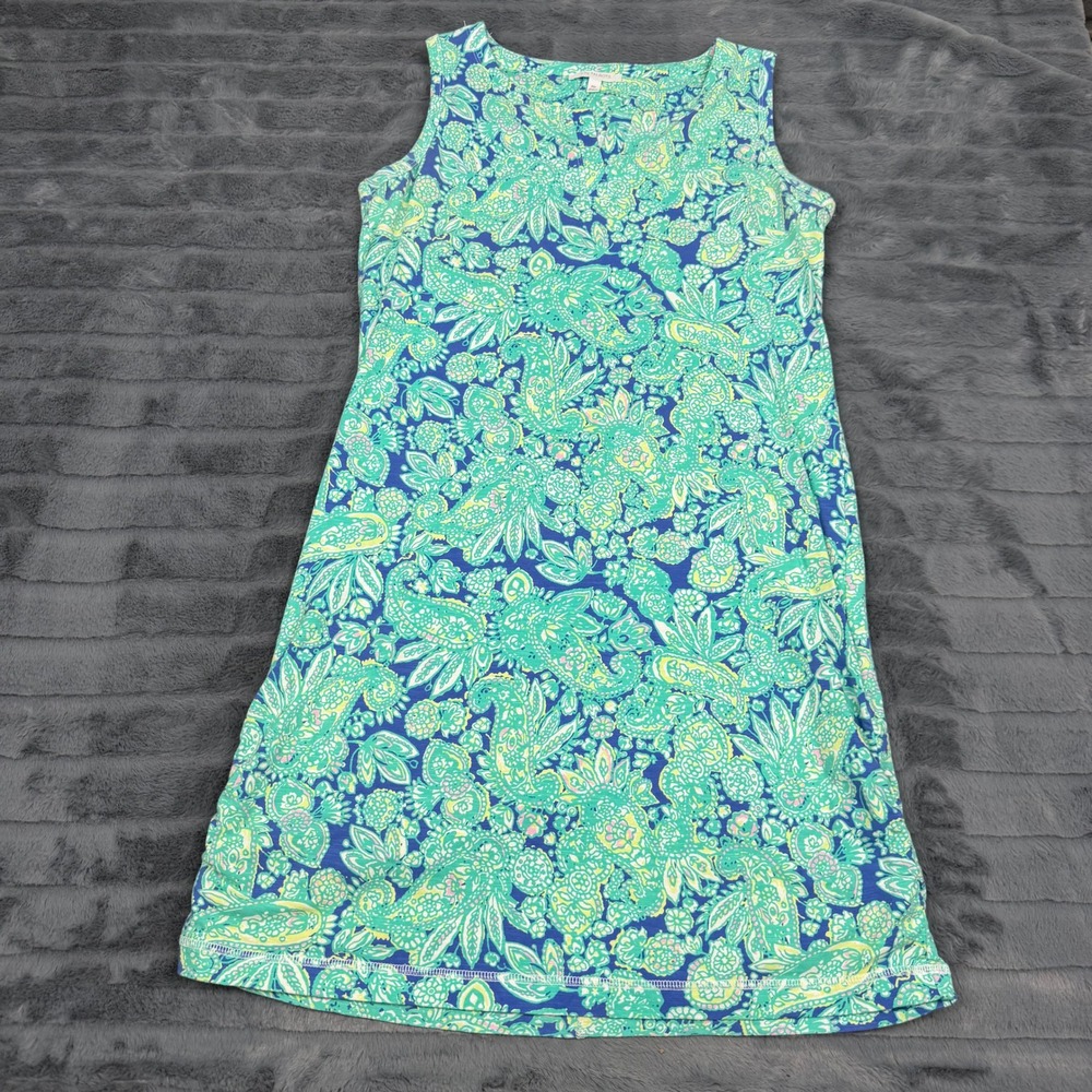 T by Talbots Womens Petite Medium Blue Green Paisley Sleeveless Shift Dress Mp